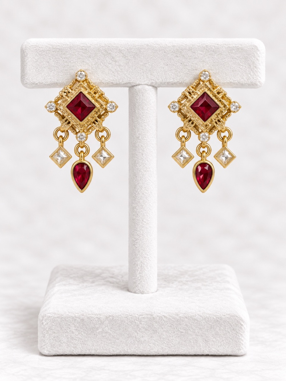 JCPenney Vintage Gold Tone Ruby Red Crystal Chandelier Dangle Earrings